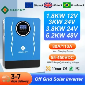SUMRY 2024 Hybrid solar inverter 3.8kw 6.2kw off grid solar charger MPPT 110A 12v 24v 48v to 220v pure sine wave