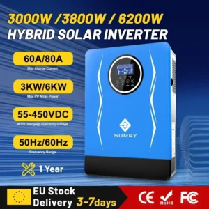 SUMRY Hybrid Solar Inverter Pure Sine Wave MPPT 1.8kw 3kw 3.8kw 6.2kw 12v 24v 48v to 220v Solar Charger Power Home Inversor